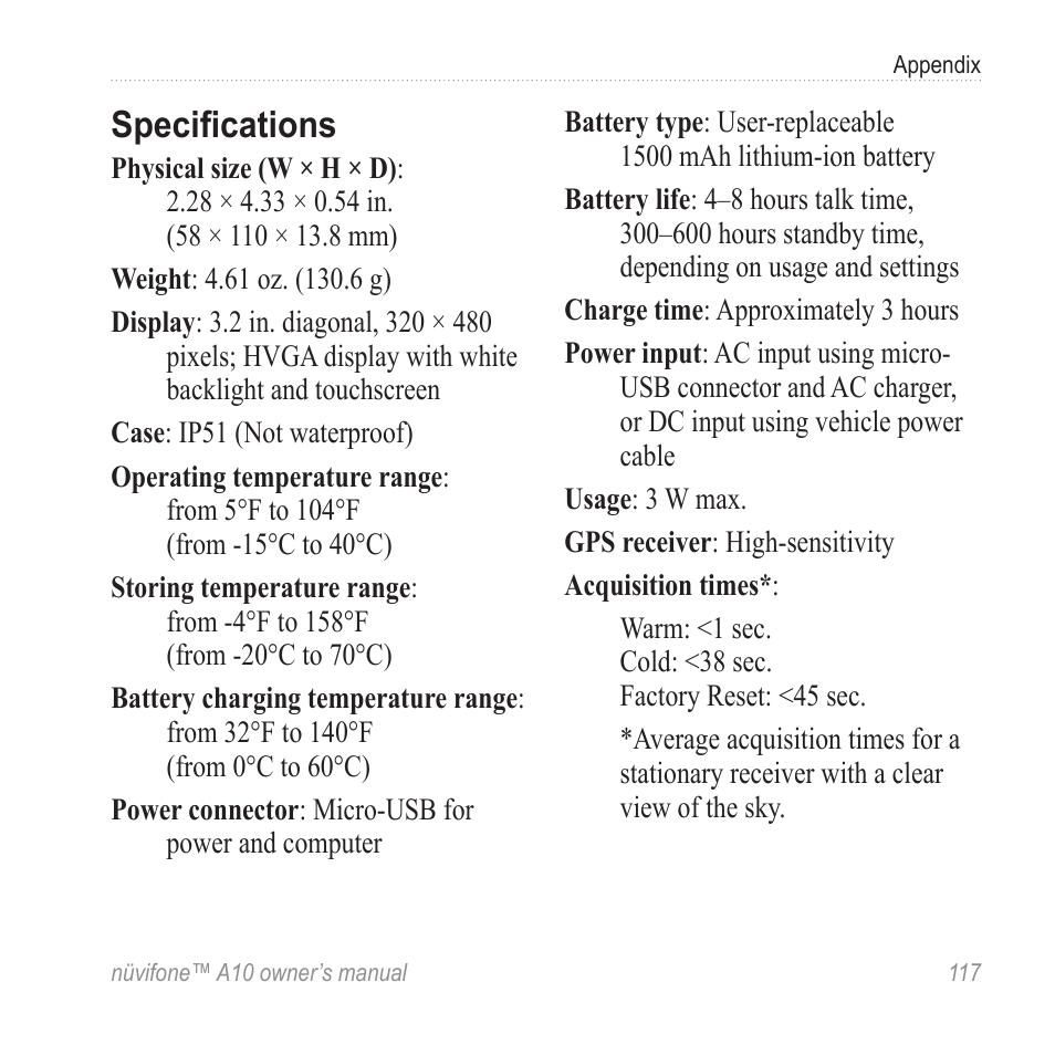 Specifications | Graco NUVIFONE A10 User Manual | Page 125 / 136
