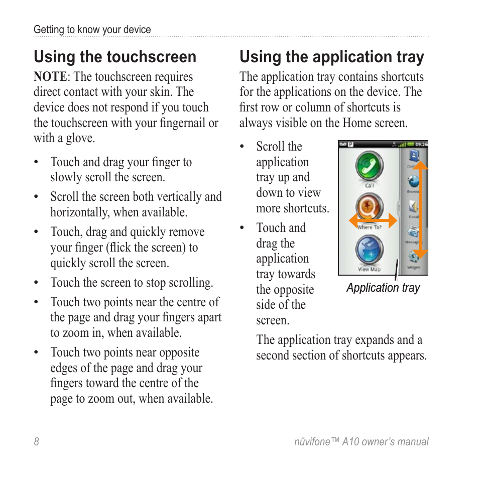 Using the touchscreen, Using the application tray, Application | Graco NUVIFONE A10 User Manual | Page 16 / 136