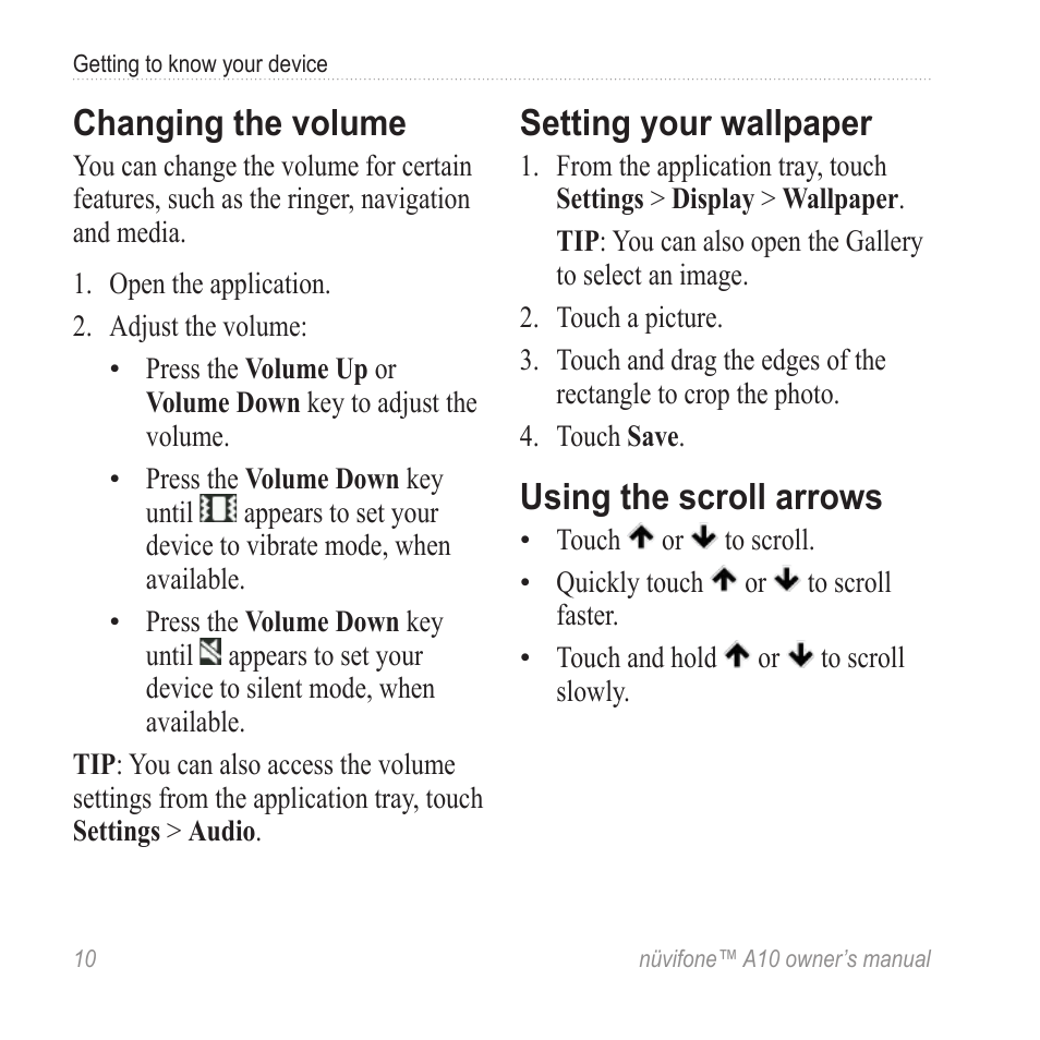 Changing the volume, Setting your wallpaper, Using the scroll arrows | Graco NUVIFONE A10 User Manual | Page 18 / 136