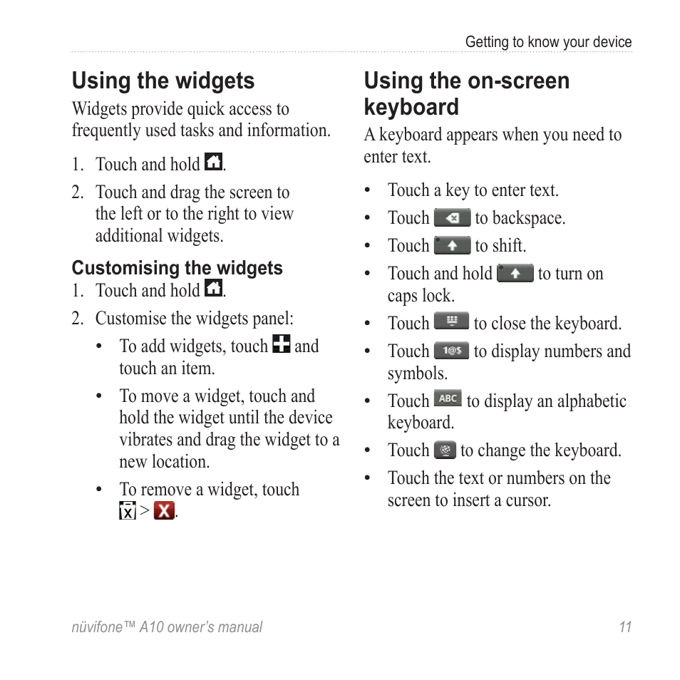 Using the widgets, Using the on-screen keyboard | Graco NUVIFONE A10 User Manual | Page 19 / 136