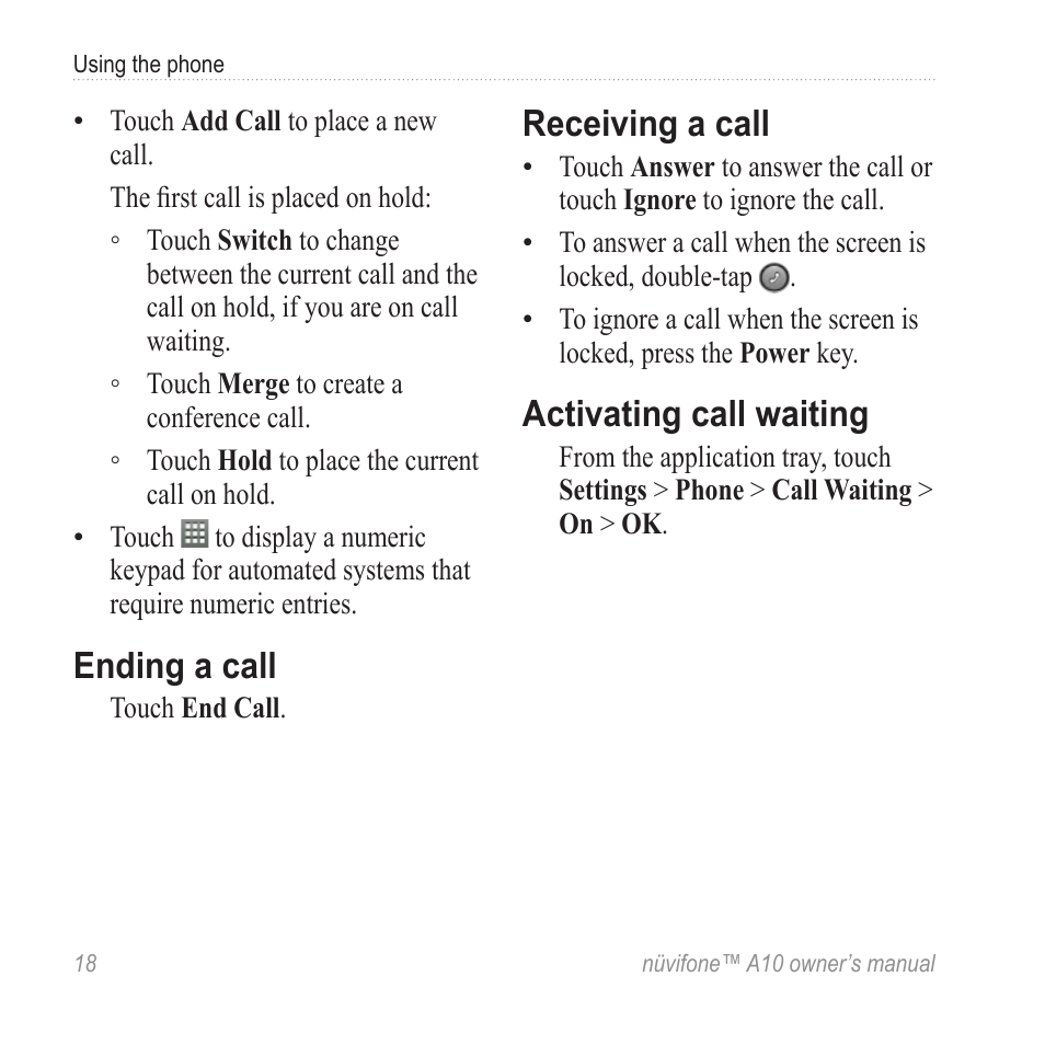 Ending a call, Receiving a call, Activating call waiting | Graco NUVIFONE A10 User Manual | Page 26 / 136