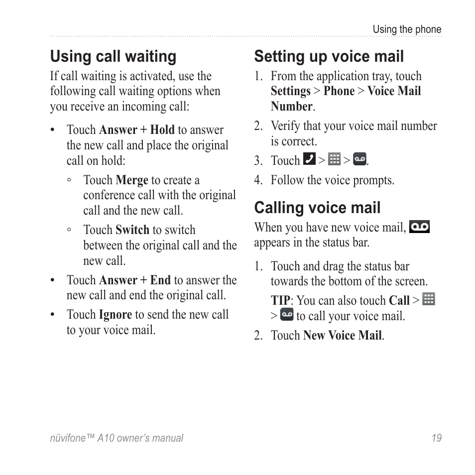 Using call waiting, Setting up voice mail, Calling voice mail | Set up voice mail | Graco NUVIFONE A10 User Manual | Page 27 / 136