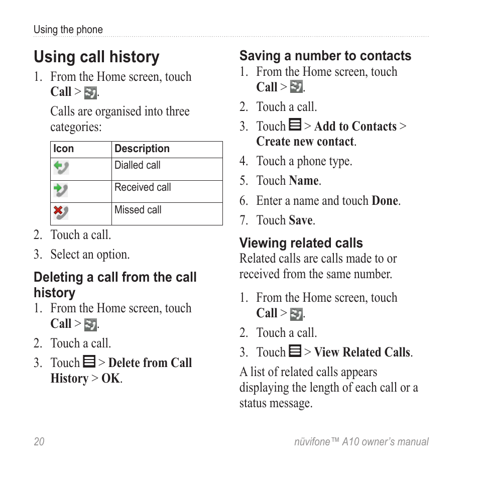 Using call history | Graco NUVIFONE A10 User Manual | Page 28 / 136