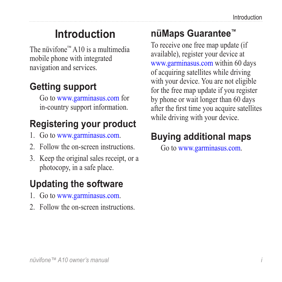 Introduction, Getting support, Registering your product | Updating the software, Nümaps guarantee, Buying additional maps | Graco NUVIFONE A10 User Manual | Page 3 / 136