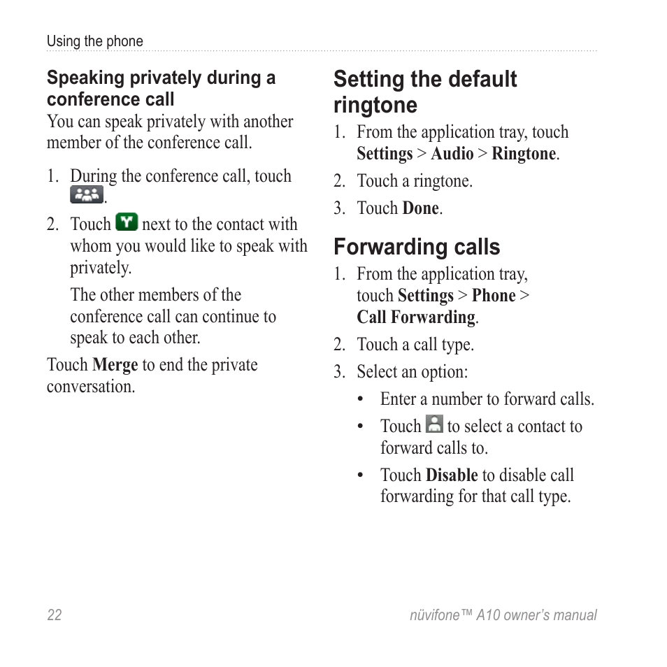 Setting the default ringtone, Forwarding calls | Graco NUVIFONE A10 User Manual | Page 30 / 136