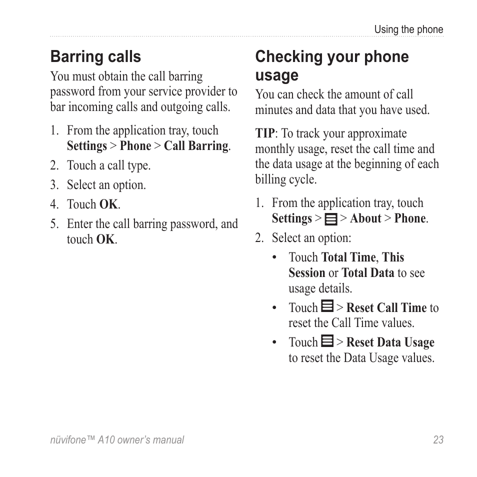 Barring calls, Checking your phone usage | Graco NUVIFONE A10 User Manual | Page 31 / 136