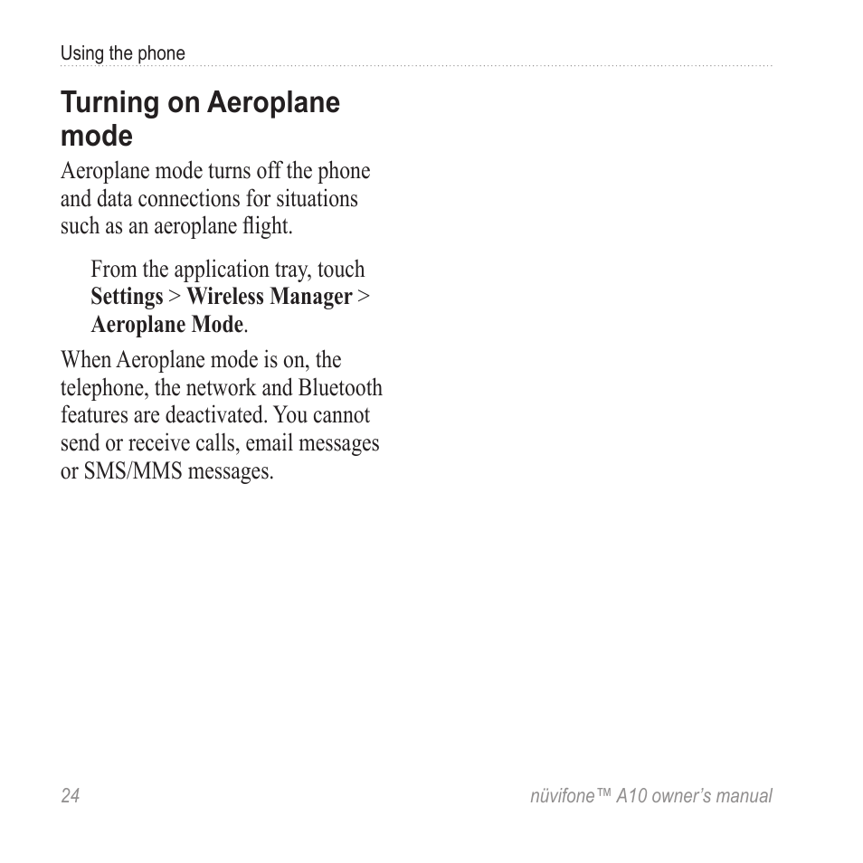 Turning on aeroplane mode | Graco NUVIFONE A10 User Manual | Page 32 / 136