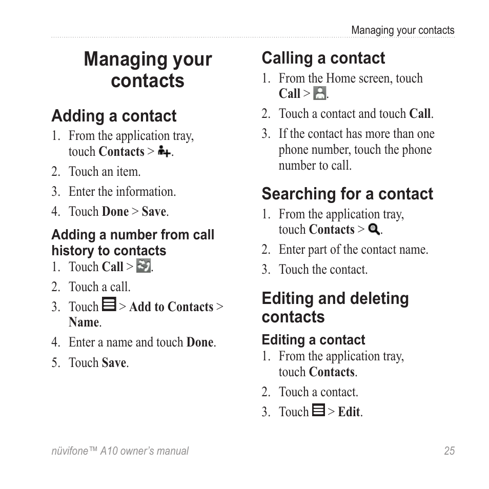 Managing your contacts, Adding a contact, Calling a contact | Searching for a contact, Editing and deleting contacts | Graco NUVIFONE A10 User Manual | Page 33 / 136