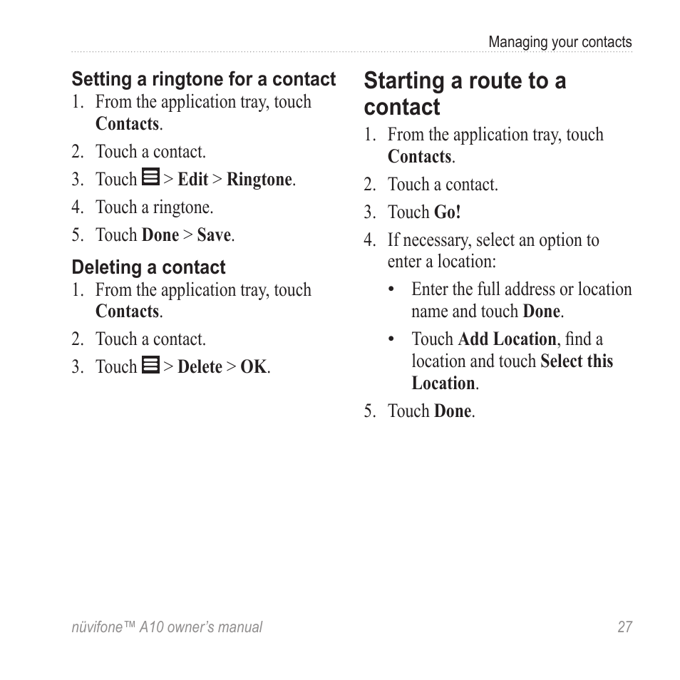 Starting a route to a contact | Graco NUVIFONE A10 User Manual | Page 35 / 136