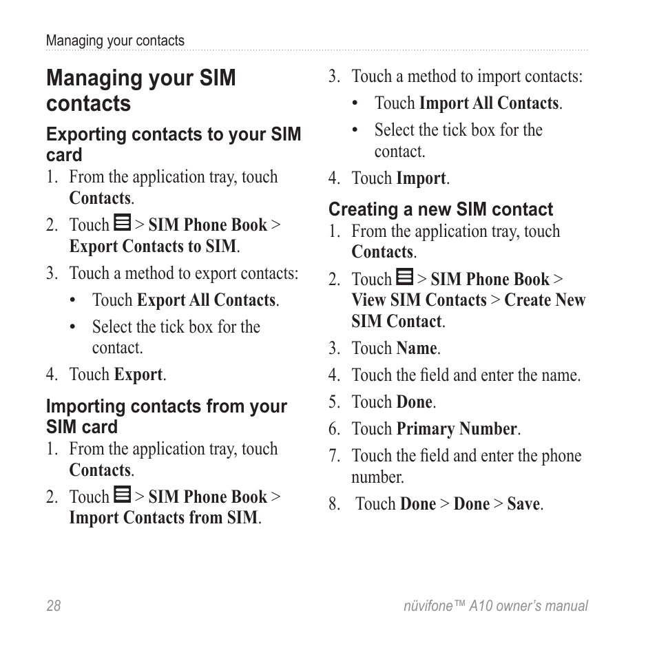 Managing your sim contacts | Graco NUVIFONE A10 User Manual | Page 36 / 136