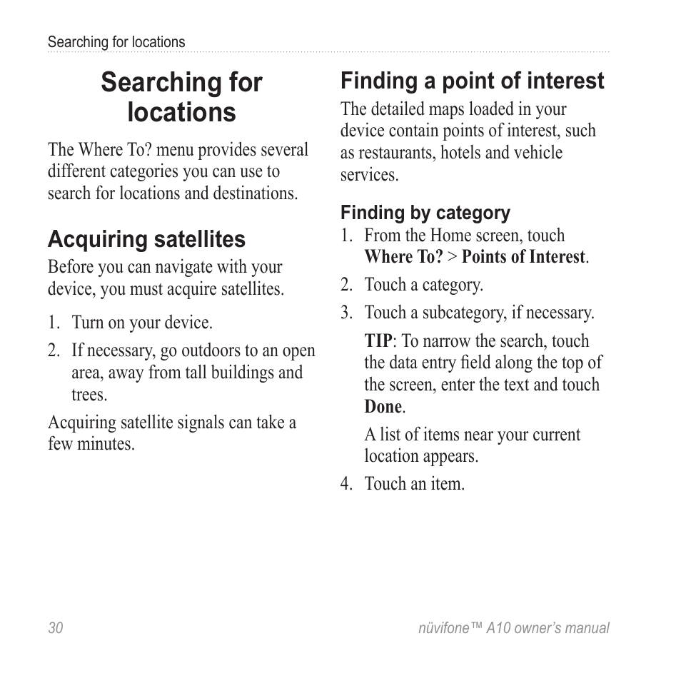 Searching for locations, Acquiring satellites, Finding a point of interest | Graco NUVIFONE A10 User Manual | Page 38 / 136
