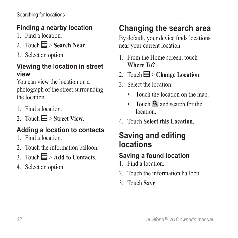 Changing the search area, Saving and editing locations | Graco NUVIFONE A10 User Manual | Page 40 / 136