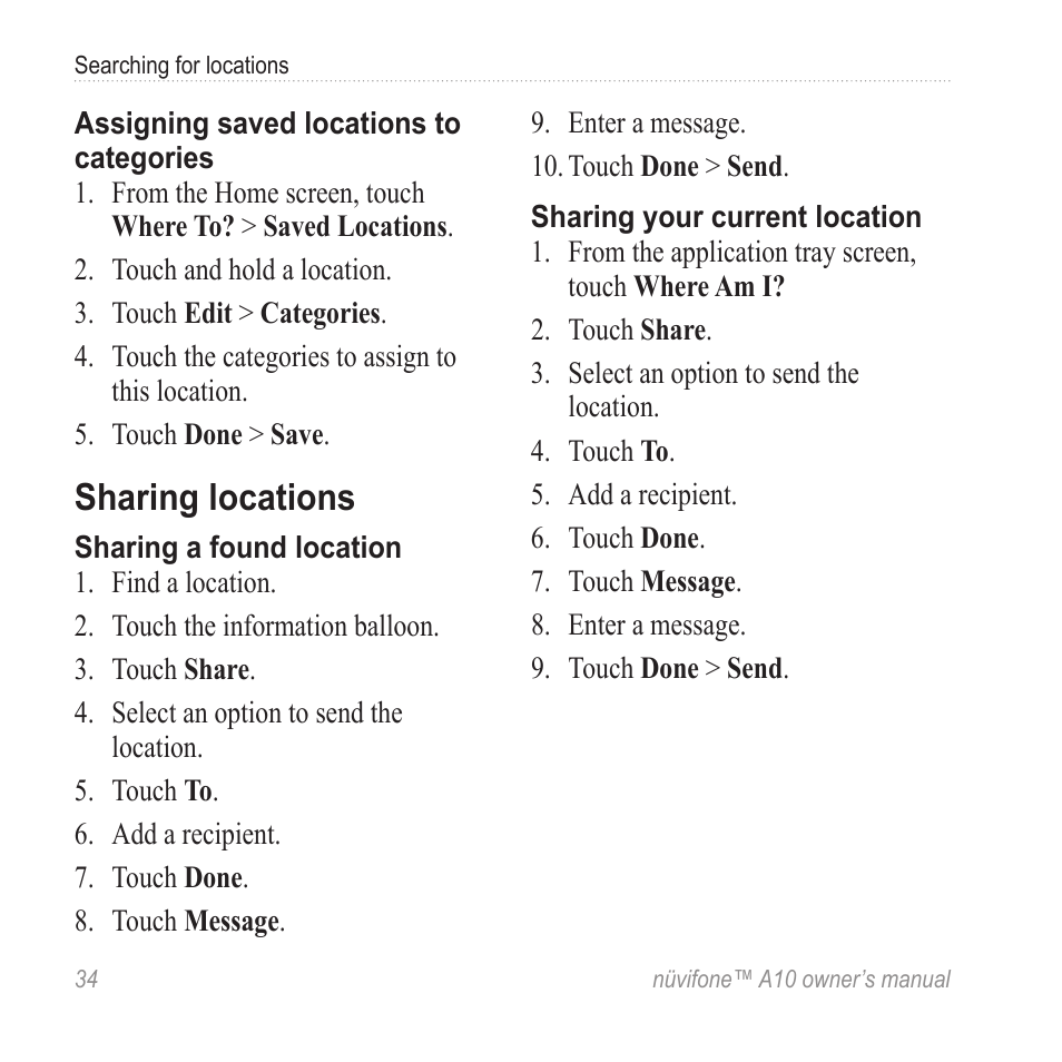 Sharing locations | Graco NUVIFONE A10 User Manual | Page 42 / 136
