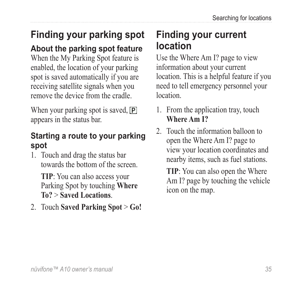 Finding your parking spot, Finding your current location | Graco NUVIFONE A10 User Manual | Page 43 / 136