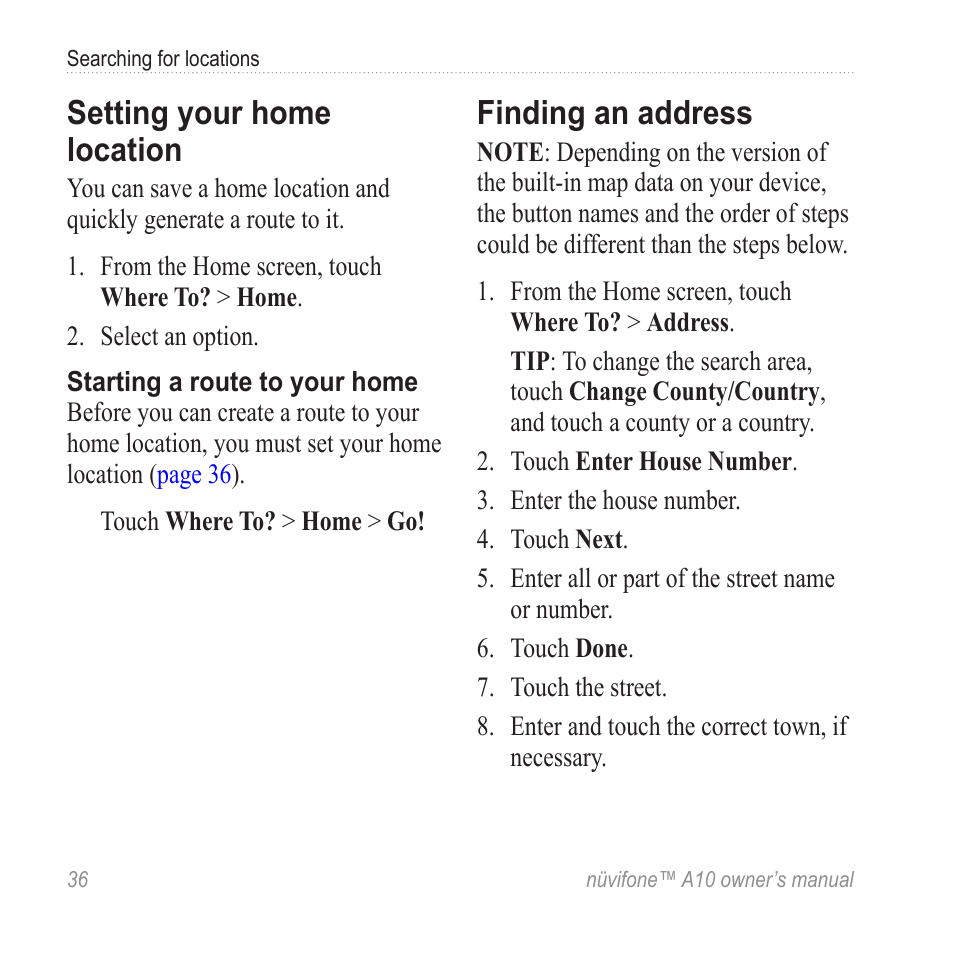 Setting your home location, Finding an address | Graco NUVIFONE A10 User Manual | Page 44 / 136