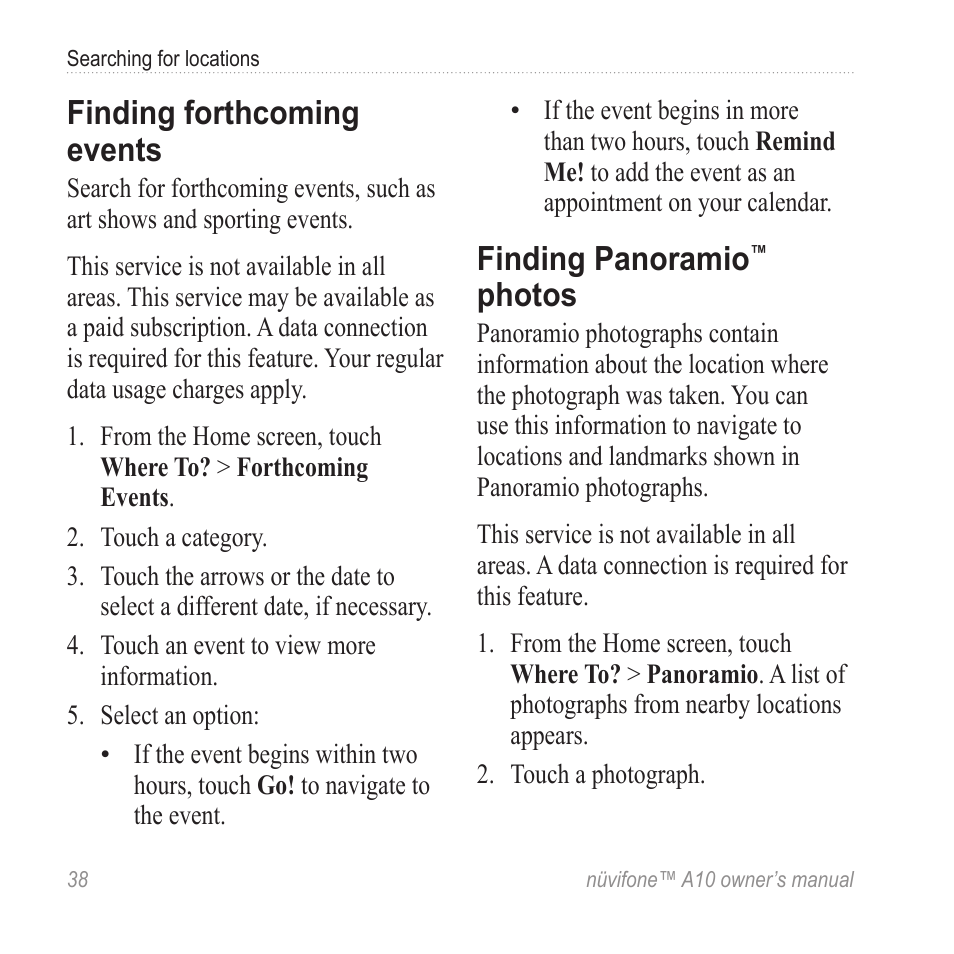 Finding forthcoming events, Finding panoramio™ photos, Finding panoramio | Photos | Graco NUVIFONE A10 User Manual | Page 46 / 136