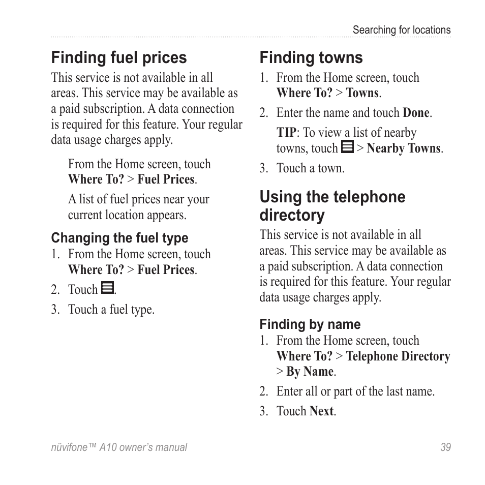 Finding fuel prices, Finding towns, Using the telephone directory | Graco NUVIFONE A10 User Manual | Page 47 / 136