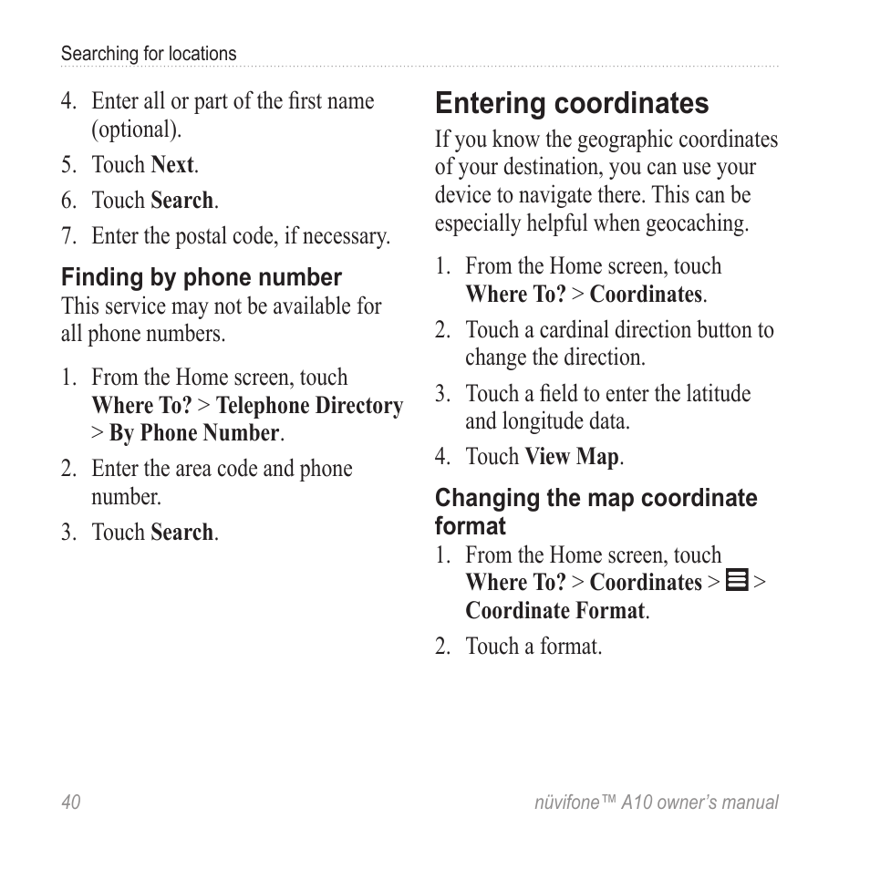 Entering coordinates | Graco NUVIFONE A10 User Manual | Page 48 / 136