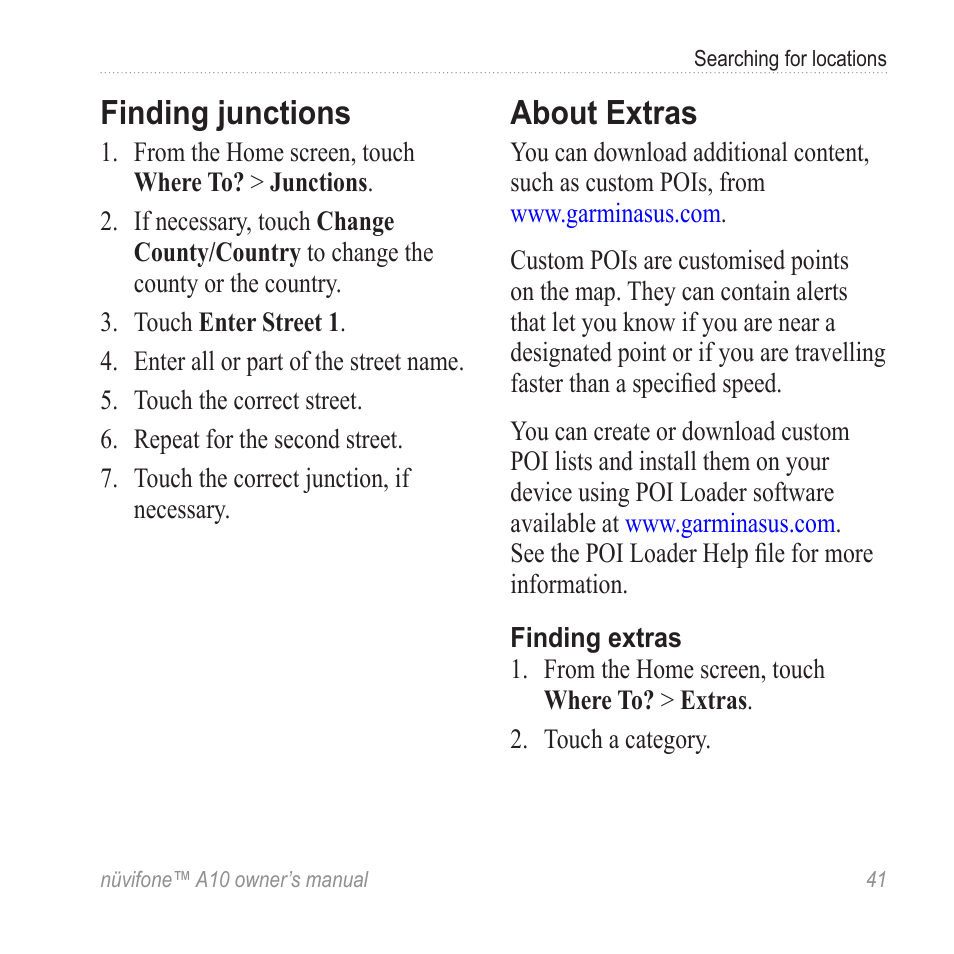 Finding junctions, About extras | Graco NUVIFONE A10 User Manual | Page 49 / 136
