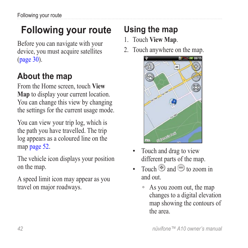 Following your route, About the map, Using the map | Graco NUVIFONE A10 User Manual | Page 50 / 136