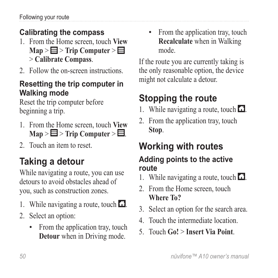 Taking a detour, Stopping the route, Working with routes | Graco NUVIFONE A10 User Manual | Page 58 / 136
