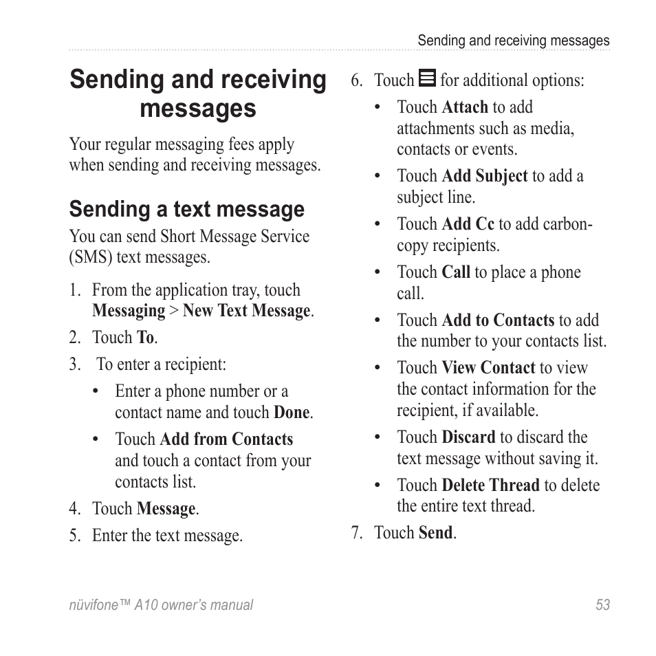 Sending and receiving messages, Sending a text message, Sending and receiving | Messages | Graco NUVIFONE A10 User Manual | Page 61 / 136