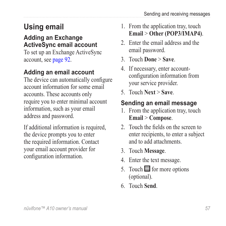Using email, Set up an email account | Graco NUVIFONE A10 User Manual | Page 65 / 136