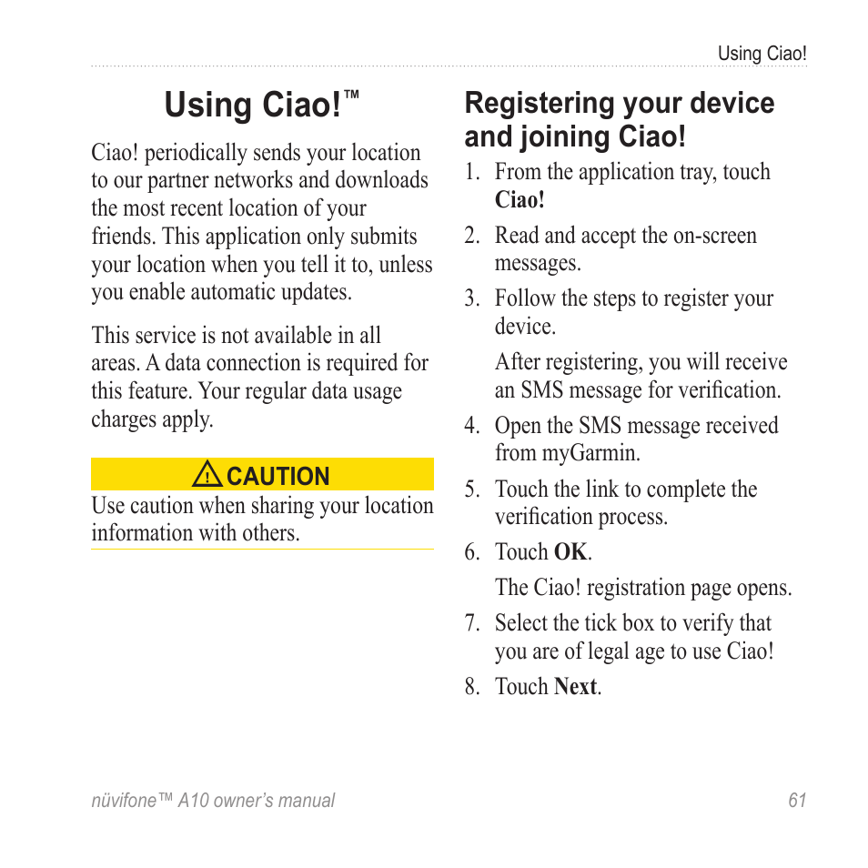 Using ciao, Registering your device and joining ciao, Registering your device and | Joining ciao | Graco NUVIFONE A10 User Manual | Page 69 / 136