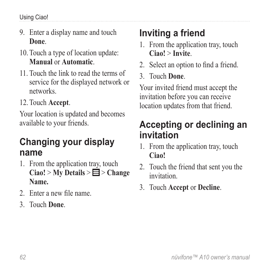 Changing your display name, Inviting a friend, Accepting or declining an invitation | Accepting or declining an, Invitation | Graco NUVIFONE A10 User Manual | Page 70 / 136