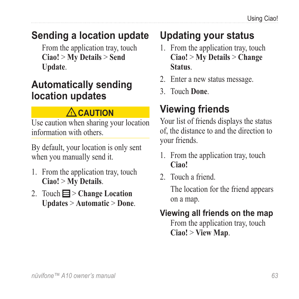 Sending a location update, Automatically sending location updates, Updating your status | Viewing friends, Automatically sending location, Updates | Graco NUVIFONE A10 User Manual | Page 71 / 136