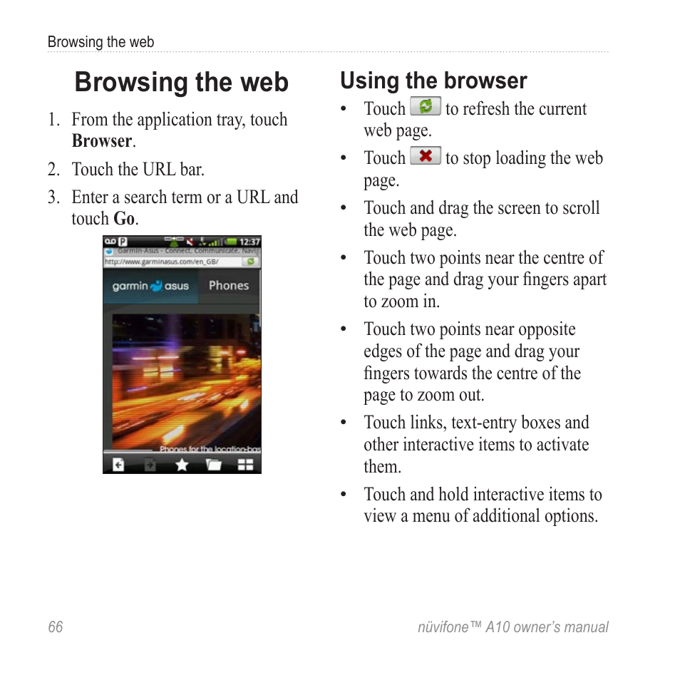 Browsing the web, Using the browser | Graco NUVIFONE A10 User Manual | Page 74 / 136