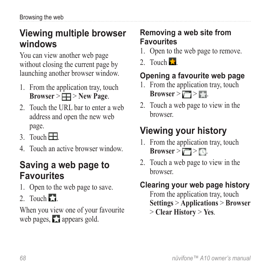 Viewing multiple browser windows, Viewing your history, Viewing multiple browser | Windows, Favourites, Saving a web page to favourites | Graco NUVIFONE A10 User Manual | Page 76 / 136