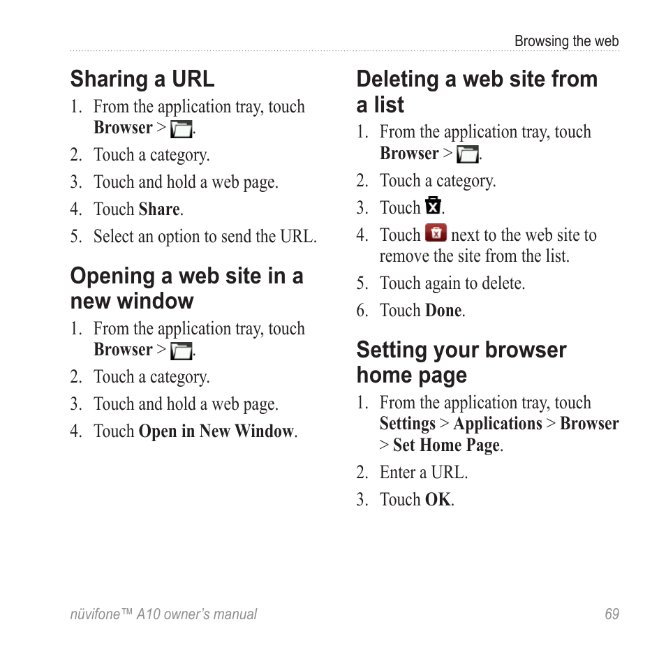 Sharing a url, Opening a web site in a new window, Deleting a web site from a list | Opening a web site in a new, Window, Setting your browser home, Setting your browser home page | Graco NUVIFONE A10 User Manual | Page 77 / 136