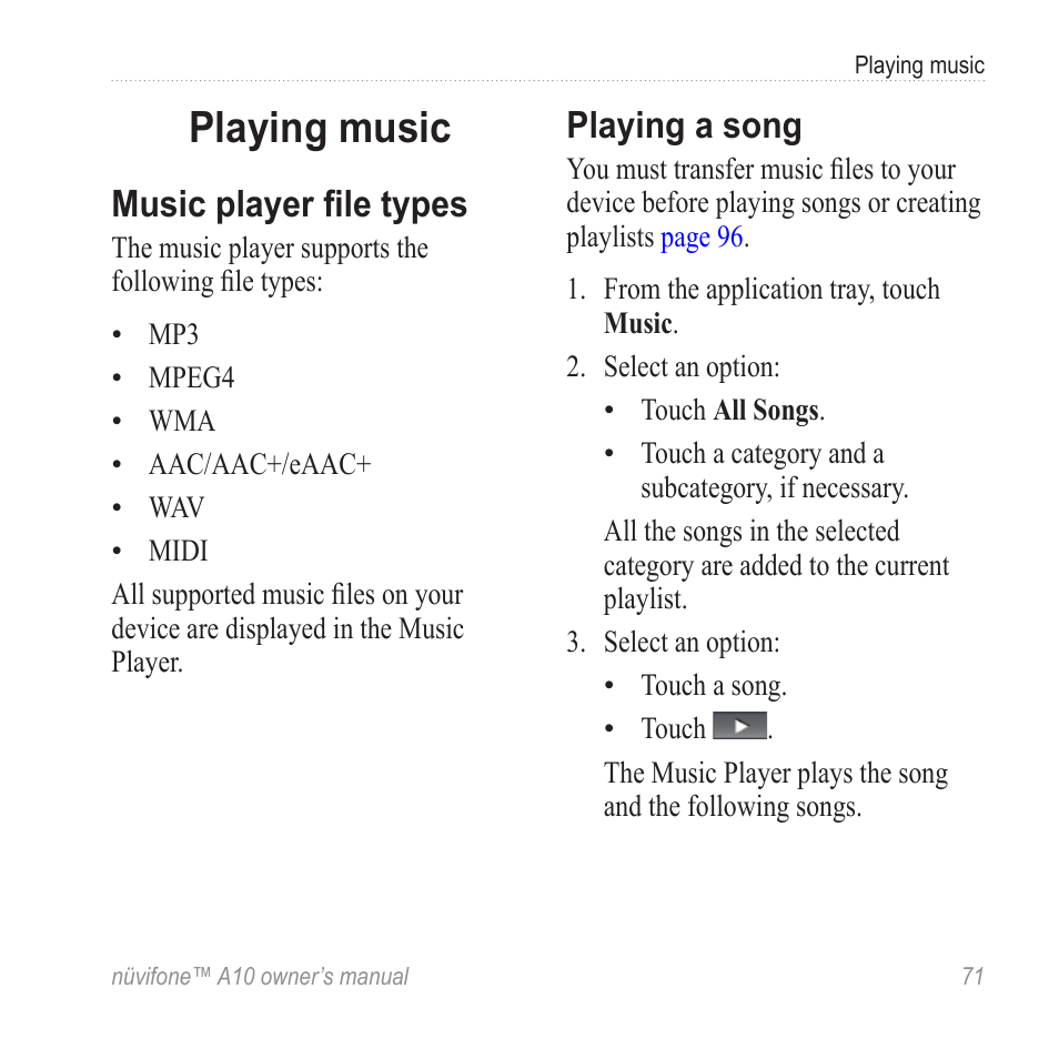 Playing music, Music player file types, Playing a song | Graco NUVIFONE A10 User Manual | Page 79 / 136