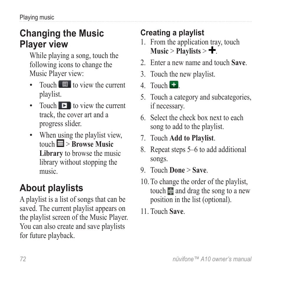 Changing the music player view, About playlists, Changing the music player | View | Graco NUVIFONE A10 User Manual | Page 80 / 136