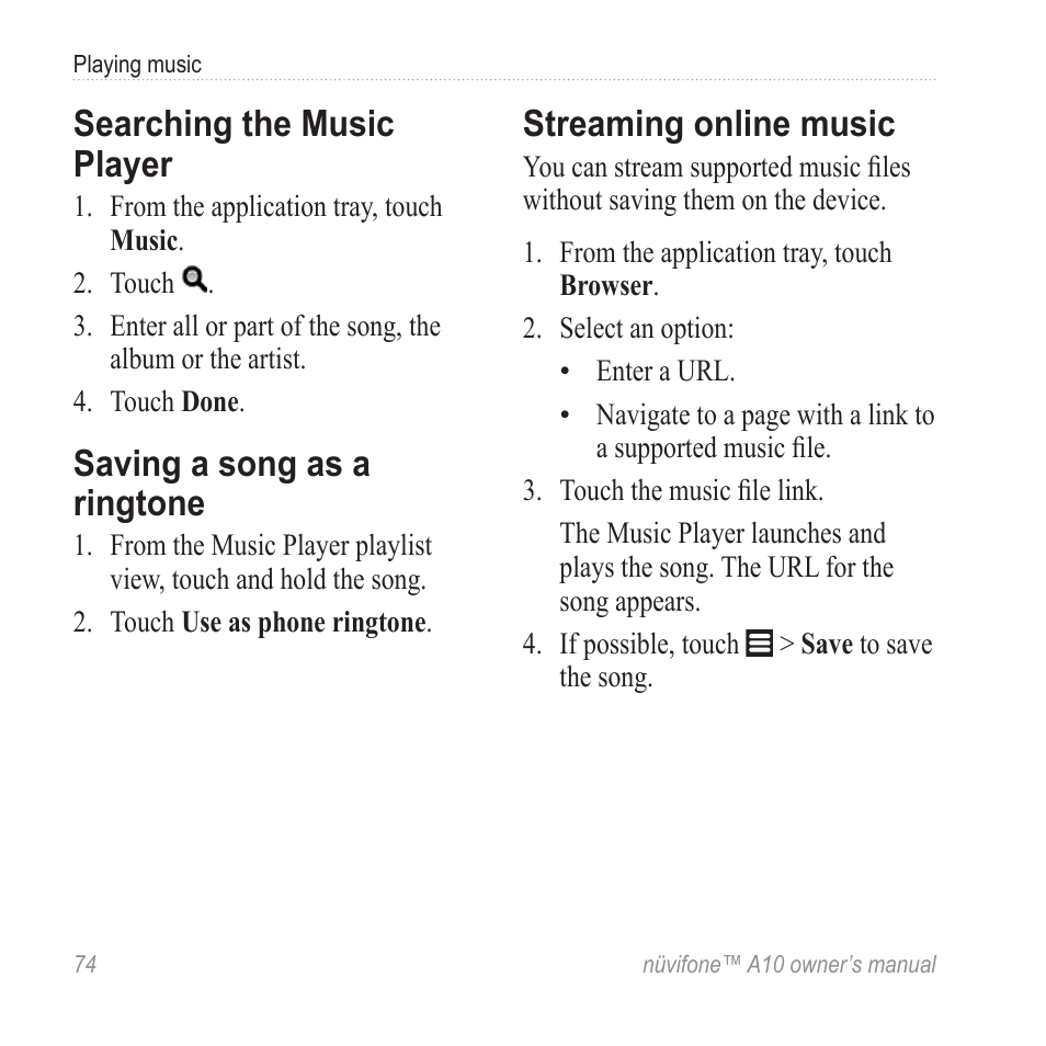 Searching the music player, Saving a song as a ringtone, Streaming online music | Graco NUVIFONE A10 User Manual | Page 82 / 136