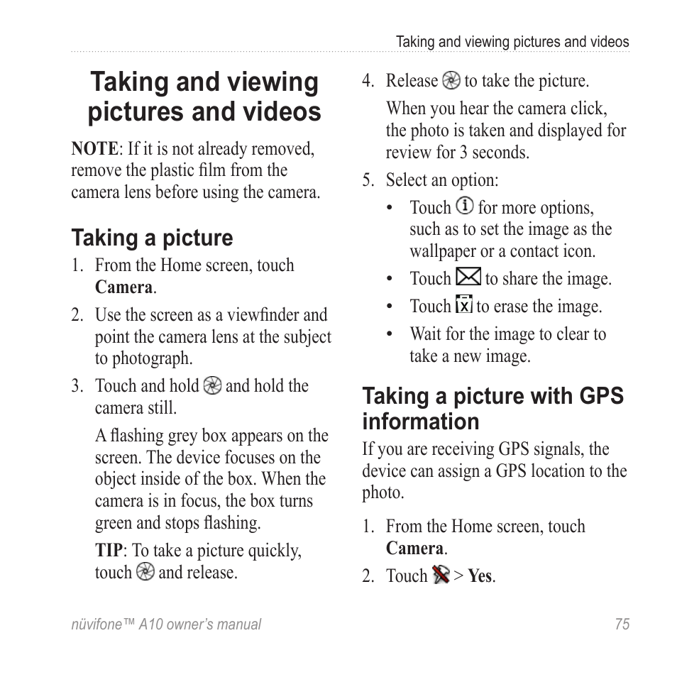 Taking and viewing pictures and videos, Taking a picture, Taking a picture with gps information | Taking and viewing pictures, And videos, Taking a picture with gps, Information | Graco NUVIFONE A10 User Manual | Page 83 / 136
