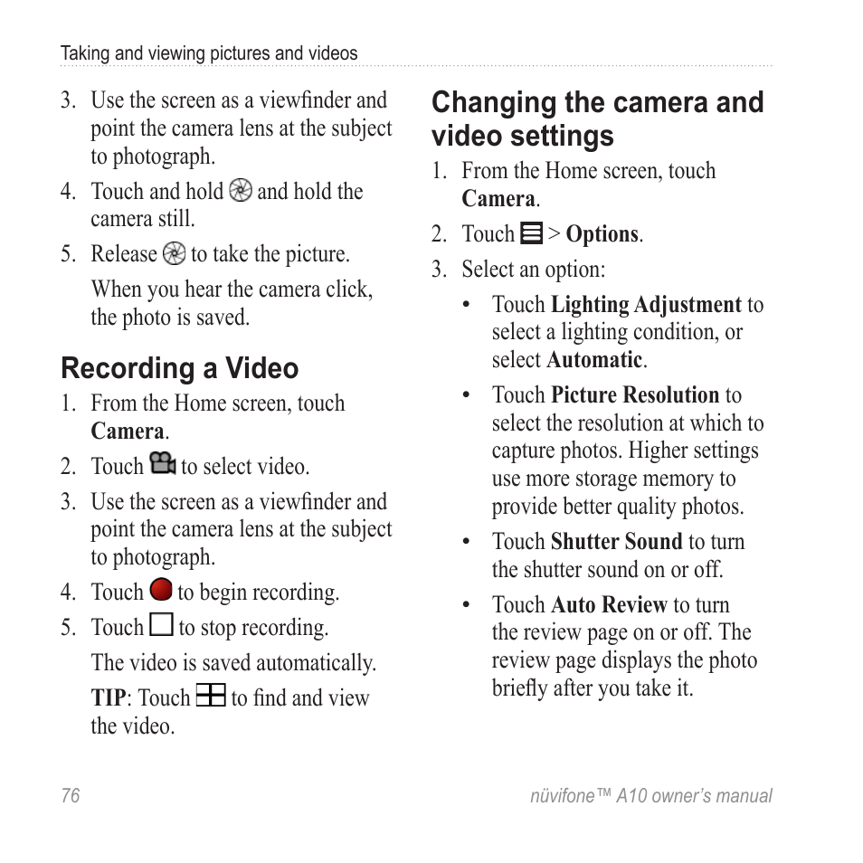 Recording a video, Changing the camera and video settings, Changing the camera and | Video settings | Graco NUVIFONE A10 User Manual | Page 84 / 136