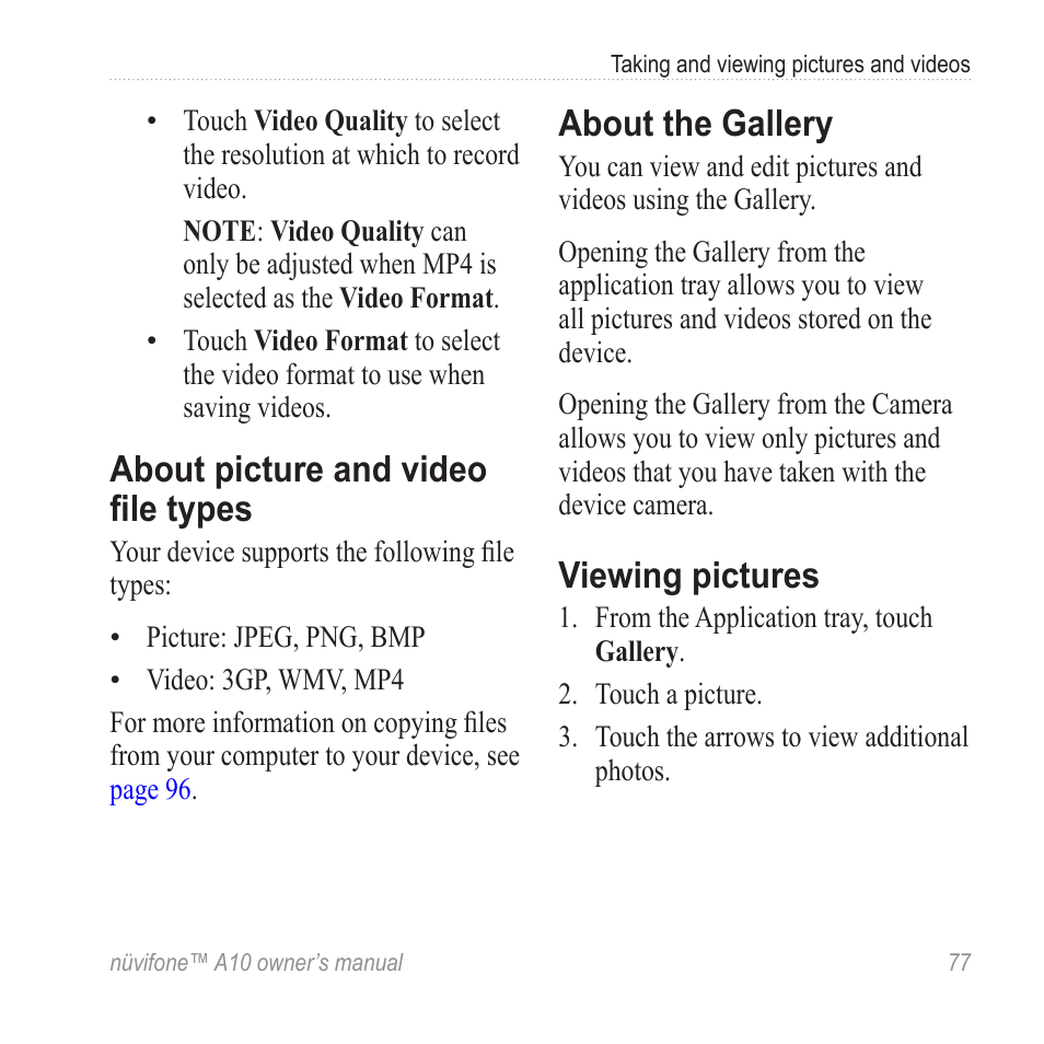 About picture and video file types, About the gallery, Viewing pictures | About picture and video file, Types | Graco NUVIFONE A10 User Manual | Page 85 / 136