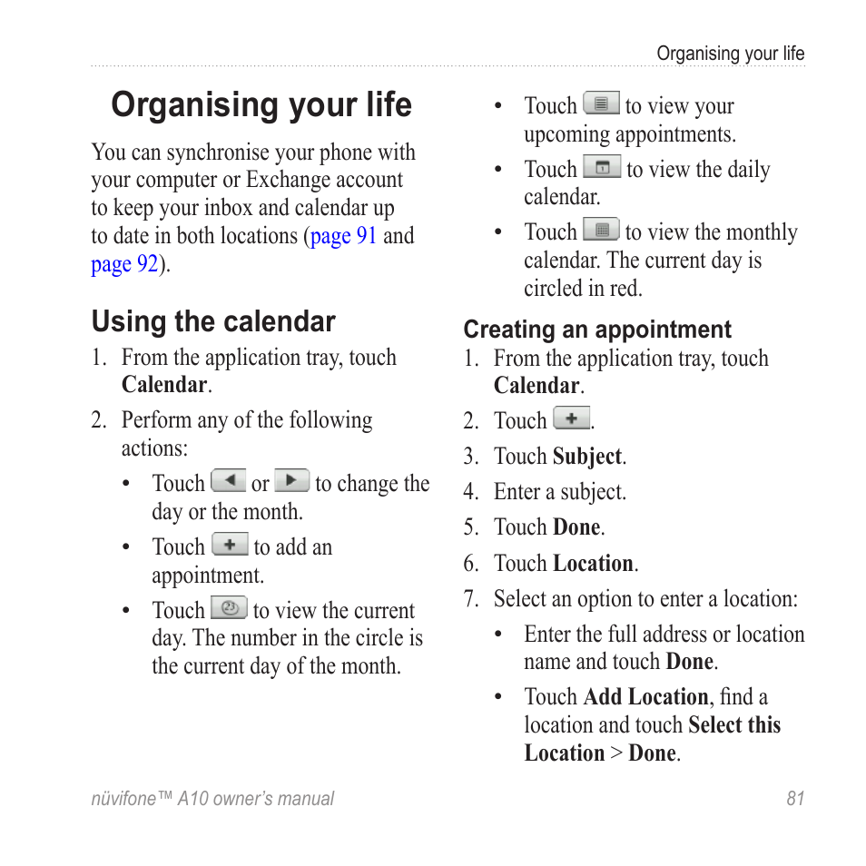 Organising your life, Using the calendar | Graco NUVIFONE A10 User Manual | Page 89 / 136