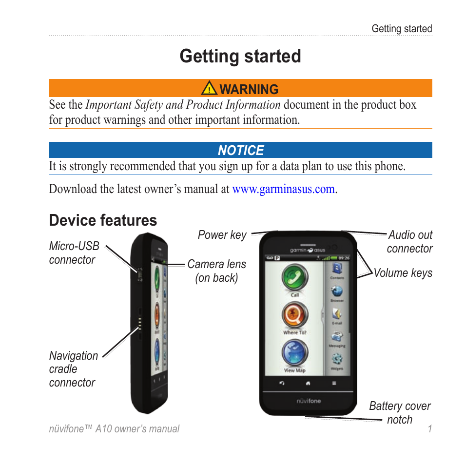 Getting started, Device features | Graco NUVIFONE A10 User Manual | Page 9 / 136