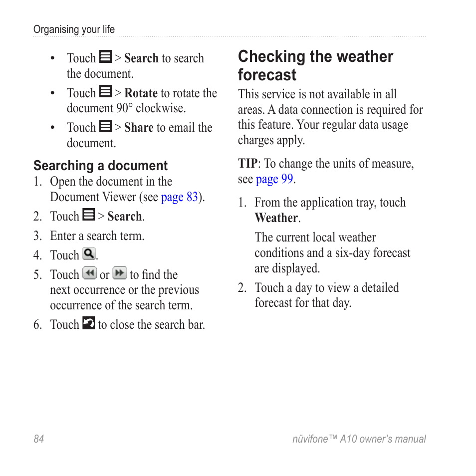 Checking the weather forecast | Graco NUVIFONE A10 User Manual | Page 92 / 136