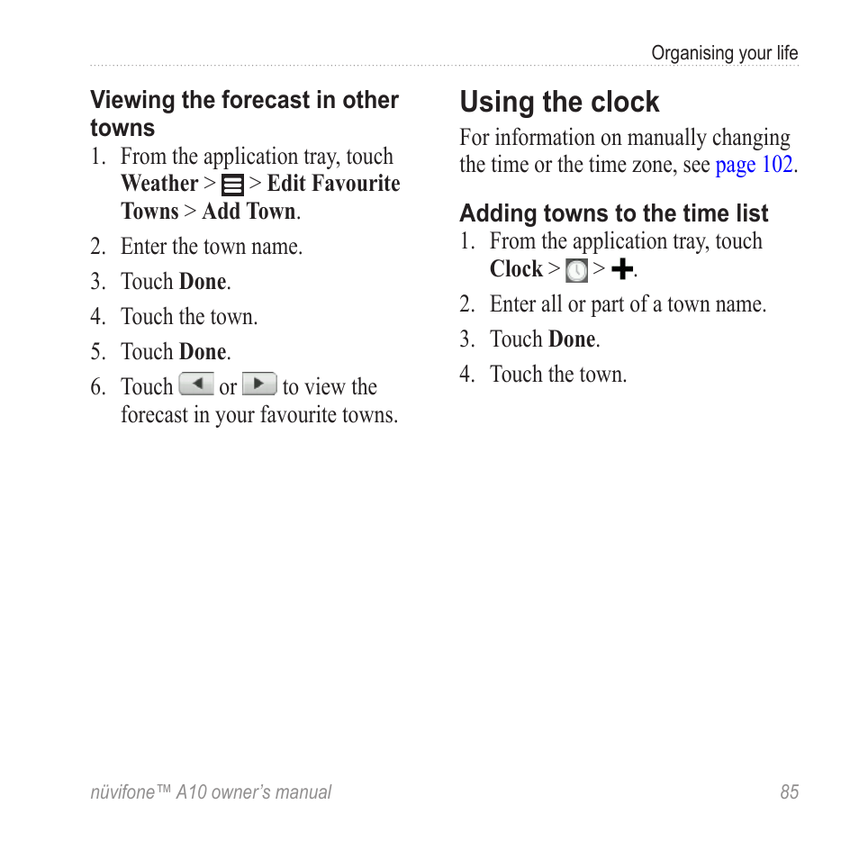 Using the clock | Graco NUVIFONE A10 User Manual | Page 93 / 136