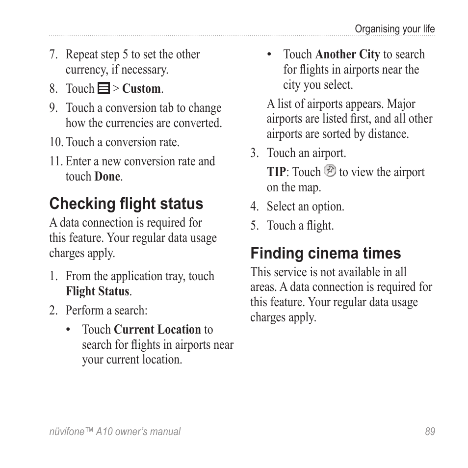 Checking flight status, Finding cinema times | Graco NUVIFONE A10 User Manual | Page 97 / 136