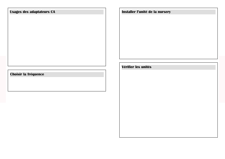 Usages des adaptateurs ca, Choisir la fréquence, Installer l’unité de la nursery | Vérifier les unités | Graco 2745 User Manual | Page 13 / 21