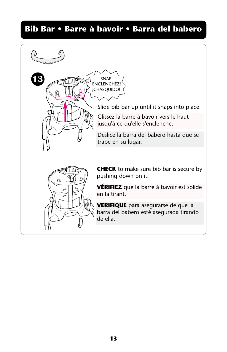 Bib bar • barre à bavoir • barra del babero | Graco HARMONY ISPH009AA User Manual | Page 13 / 32