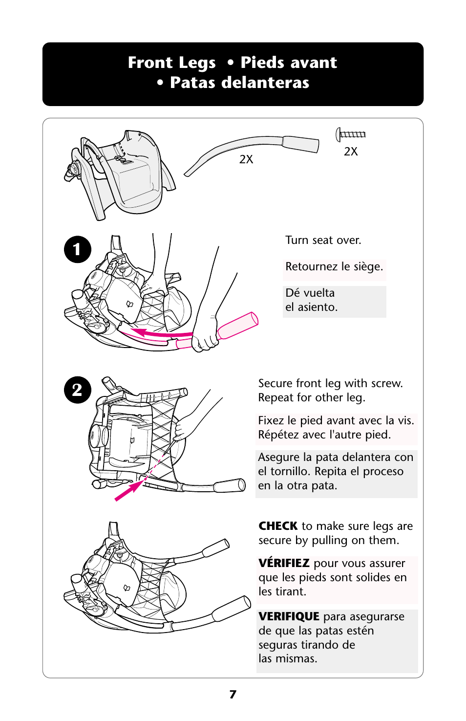 Front legs • pieds avant • patas delanteras | Graco HARMONY ISPH009AA User Manual | Page 7 / 32