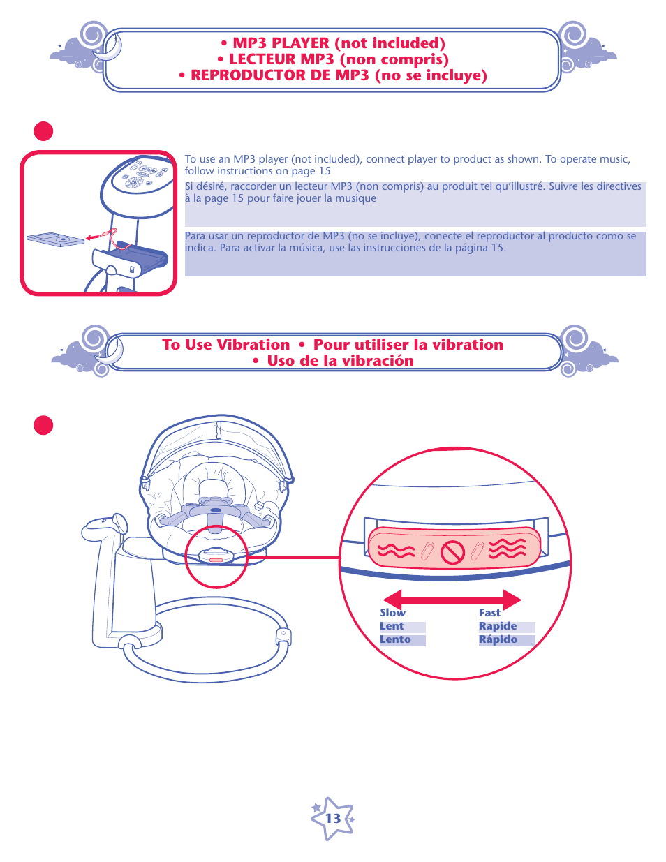 Mp3 player (not included), Lecteur mp3 (non compels), Reproductor de mp3 (no se incluye) | Graco 1759162 User Manual | Page 13 / 20
