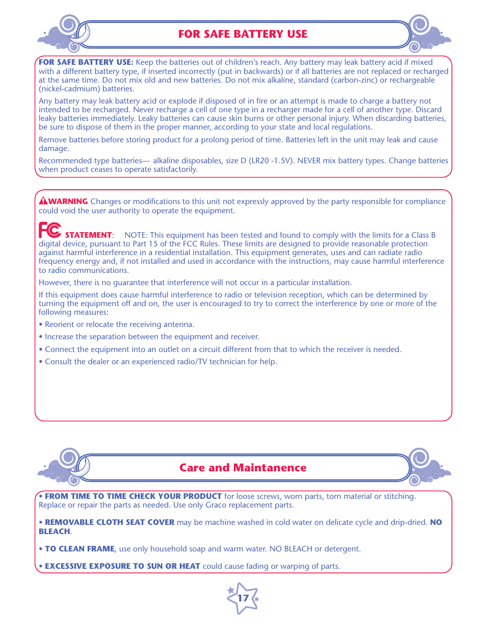 For safe battery use, Care and maintanence | Graco 1759162 User Manual | Page 17 / 20