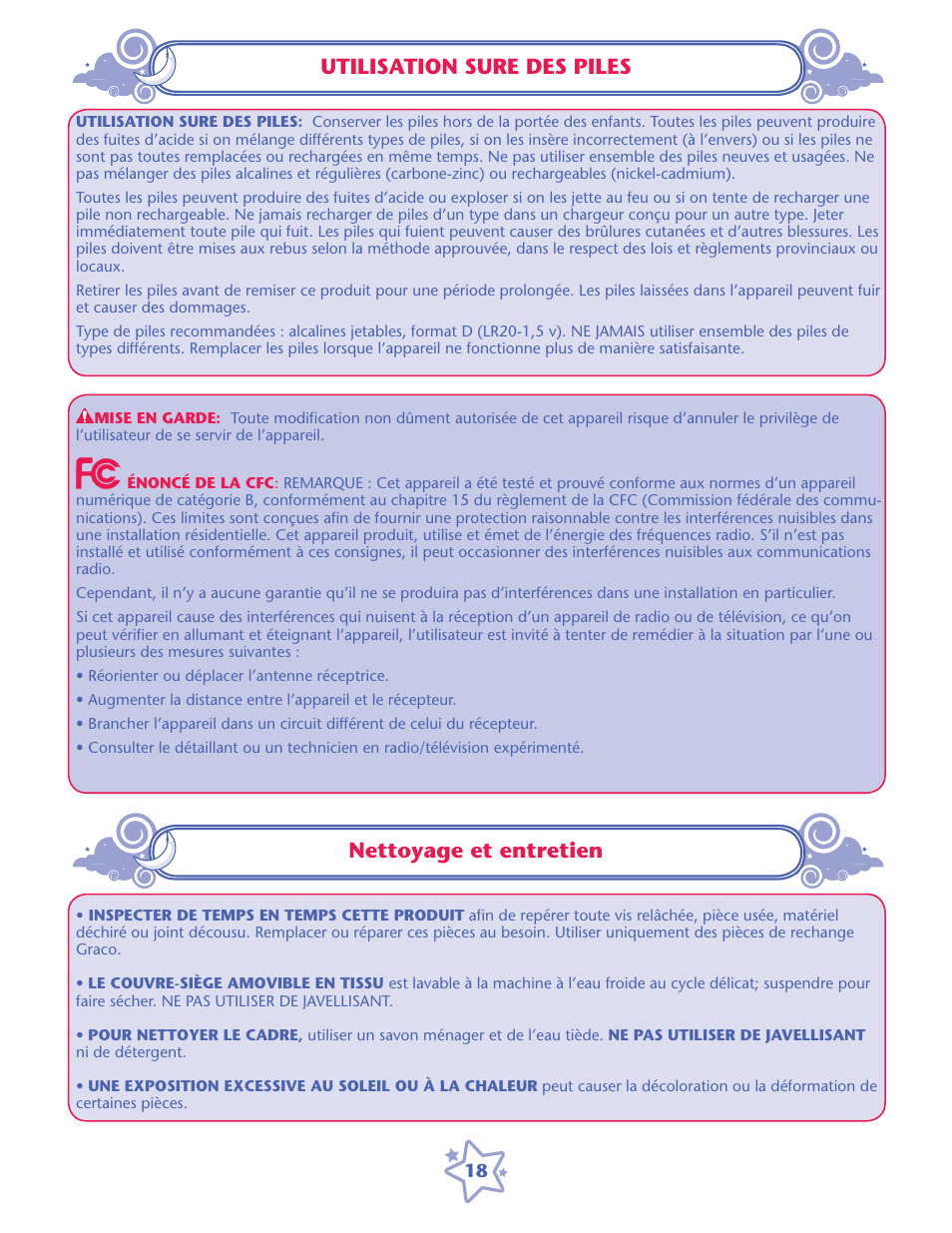 Utilisation sure des piles, Nettoyage et entretien | Graco 1759162 User Manual | Page 18 / 20